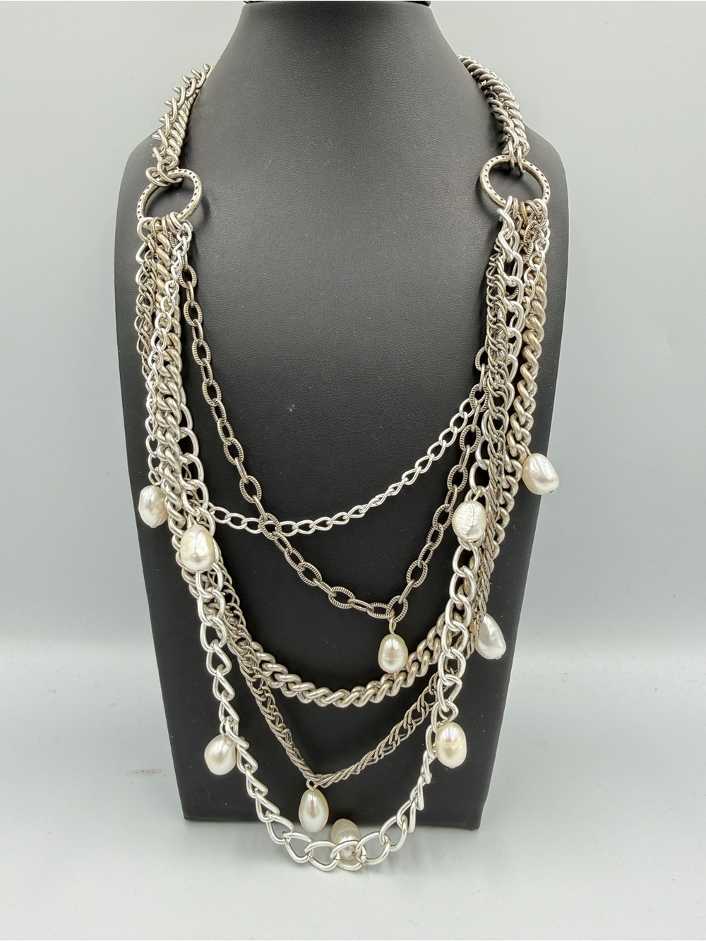 Multi-Chain Silver Necklace with Pearl Drops
